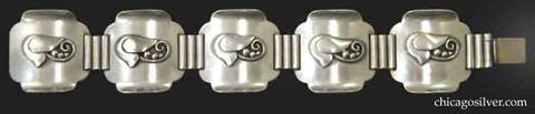 Laurence Foss bracelet composed of five square links with upturned edges at top and bottom, each with an applied blossom with curved stamen and three beads