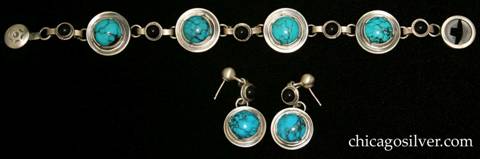 Laurence Foss bracelet and earrings set with bezel-set cabochon turquoise stones 
