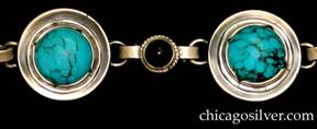 Detail of Laurence Foss bracelet with bezel-set cabochon turquoise stones 