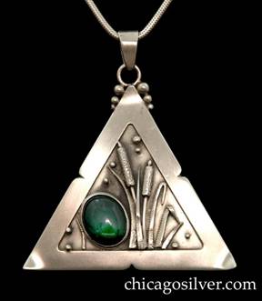 Laurence Foss pendant on chain, triangular, with loop at top surrounded by three successively smaller beads on each side.  Wide frame with small notches in the middle of each side, around incised oxidized interior with beads, and detailed applied sawtooth leaves and cattails.  Large oval green chrysoprase or green agate cabochon bezel-set stone in lower left-hand corner.  Note:  while mark includes "14K" stamp and similar Foss triangular pendants do have gold beads, there doesn't seem to be any gold used here.  