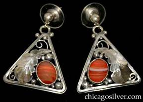 Laurence Foss earrings, pair (2), for pierced ears, triangular frames with rounded corners, applied large chased serrated leaf with silver beads and curving wirework ornament, and striped lace carnelian salmon-colored oval bezel-set stone.  The earrings are mirror-images of each other.  