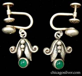 Laurence Foss earrings, pair, with small round green bezel-set stones below deeper hammered leaves, scroll and bead decoration.  