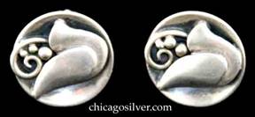 Laurence Foss earrings, pair, each with an applied blossom with curved stamen and three beads, on solid circular frames.  