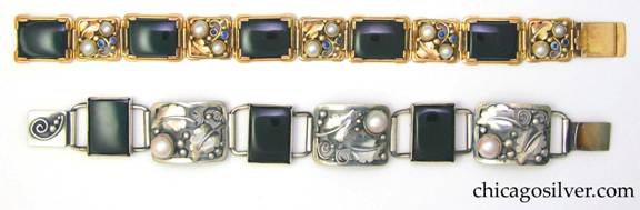 Bracelet by Gilbert Oakes (top, in gold) with bracelet by Laurence Foss (bottom, in silver)