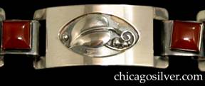 Detail from Laurence Foss bracelet, link, with carnelians or red agates.  