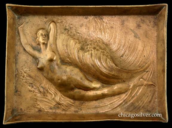 Clemens Friedell tray, rectangular, bronze, with repouss cast image of nude female figure riding ocean wave.  Angular raised edges.  Nice detail.  Heavy and very unusual.  