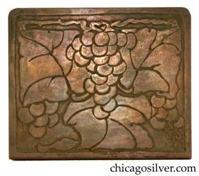 Frost Workshop bookends, brass, large, with deeply etched design of stylized grapes, leaves, and vines.  Rounded corners.  Nice patina.