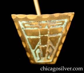 Frost Workshop hatpin, brass, trapezoidal, with acid-etched design of segmented winged insect.