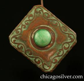 Frost Workshop hatpin, copper, rectangular, with freeform curving acid-etched design around edge centering large round bezel-set green stone.