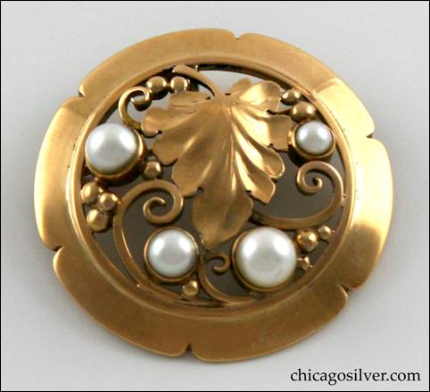 Laurence Foss round gold brooch with pearls