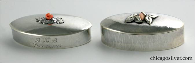 Kalo silver oval covered boxes with coral ornament