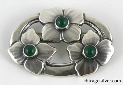Kalo pin with three blossoms and three green stones