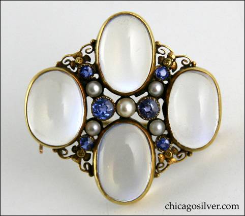 Edward Oakes gold pin with four blue moonstones with six Montana sapphires and five seed pearls