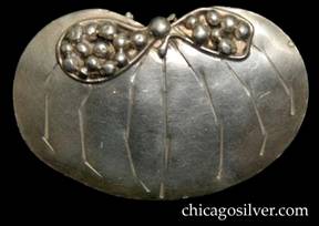 Mary Gage pin, lily-pad form, with chased ribs, and horizontal hourglass shape made of applied wire at top filled with silver beads and centering larger silver bead