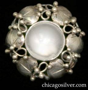 Mary Gage earring, single, screw back, with round framework of leaves, vines, and silver beads centering a round bezel-set clear rock crystal stone