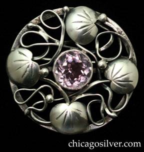 Jo Michels round pin with faceted amethyst in the style of Lillian Pines