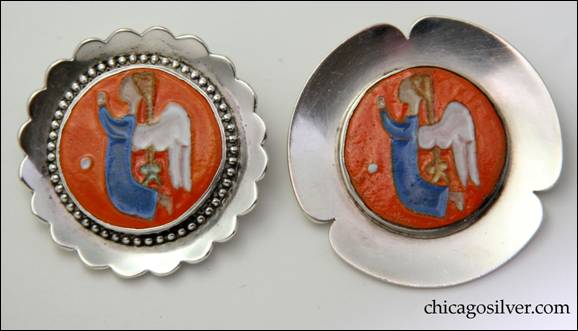 Jo Michels pin (left) and Madeline Turner pin (right) with similar ceramic inserts.  