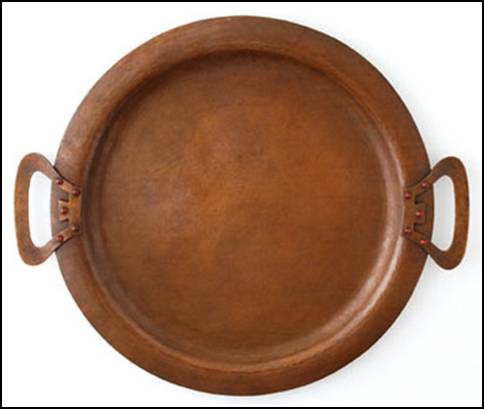 Kalo copper tray with five bezel-set carnelian cabochons on each handle