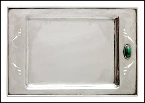 Kalo rectangular tray with pierced design and bezel-set dark green stone