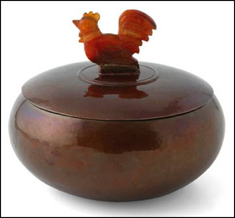 Cauman copper bowl with silver lid and carved agate finial