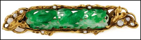 Brooch, hand wrought in 14k green gold by Potter Mellen with carved jade and seed pearls.  Sculpted and carved gold surfaces form leaves and vines which secure all of the stones.  Heavy and beautifully executed.  2-1/2" W 