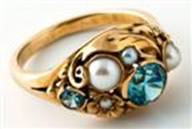 Oakes gold ring with pearls and blue zircons 
