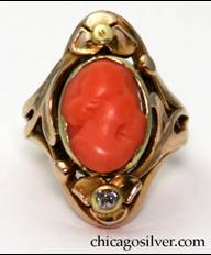 M. W. Hanck gold ring with coral cameo and small diamond