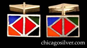 Kalo cufflinks, pair (2), rectangular, with five-color (blue-orange-red-green-black) geometric, diamond-shaped enamel design on slightly convex surface, hinged links.