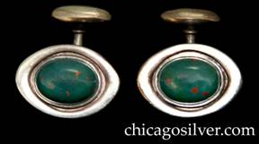 Kalo cufflinks, pair (2), oval, each with raised frame centering a deep green oval bezel-set bloodstone cabochon with red internal flecks.  Fixed bar and button back.