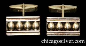 Kalo cufflinks, pair (2), rectangular, with 4 applied round silver beads between two horizontal bars, each with chased groove.
