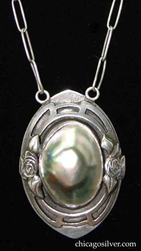 Kalo pendant on chain with large green and pink hued blister pearl flanked by applied roses 