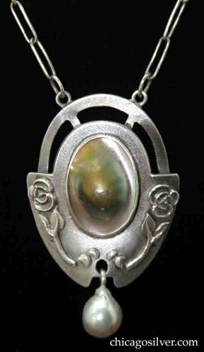 Kalo necklace / pendant, on paperclip chain with applied flowers and pearl drop