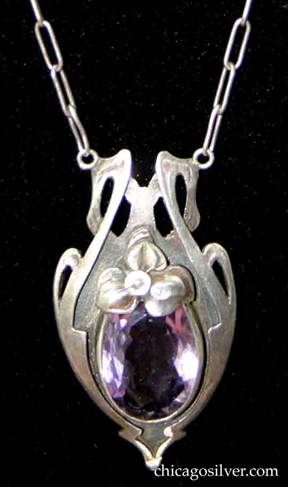 Kalo necklace / pendant, on paperclip chain, with applied trillium flower, cutouts at top and sides, and oval bezel-set faceted amethyst stone 