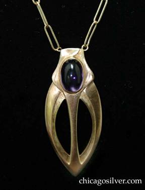 Kalo necklace / pendant, gold, on paperclip chain, with bezel-set amethyst on shield-shaped cutout background 