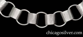 Kalo necklace / choker, modernist, composed of 21 flattened cylindrical links joined by round silver rings.  Last link has small applied loop for clasp to join.  Small KALO mark is on last ring.  Heavy.