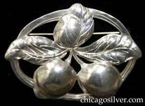 Kalo brooch, oval, composed of two chased and repousse large cherries below three leaves on cutout oval frame.  