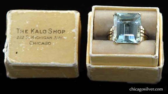 Kalo 14K gold ring with large faceted aquamarine stone in original box