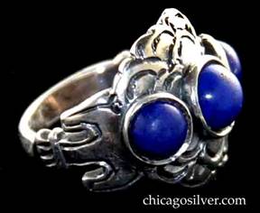 Kalo ring, with three round bezel-set lapis stones 