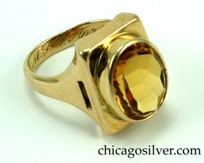 Kalo ring, handwrought in 14K yellow gold with large central faceted citrine in a rectangular gold frame with pierced geometric cutouts on shank.  Nice weight. Engraved M.F.T. April 25, 1927.