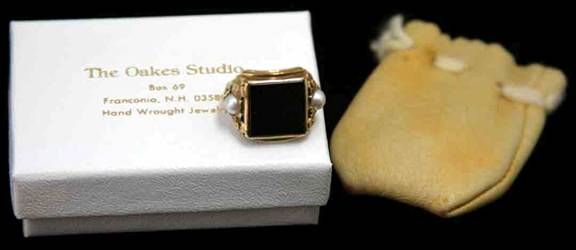 Edward Oakes ring with original tan leather pouch and white box with gold-stamped lettering