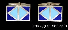 Kalo cufflinks, pair (2), rectangular, with two-color (dark blue and light blue) geometric, diamond-shaped enamel design on slightly convex surface, hinged links.