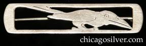 Potter Studio bar pin, handwrought in sterling silver with rectangular frame and pierced and chased design depicting crow with large beak and raised tail