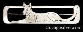 Potter Studio bar pin, handwrought in sterling silver with rectangular frame and pierced and chased design depicting sitting German Shepherd dog