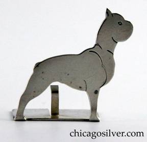 Potter Studio place card holder in the form of a boxer dog handwrought in sterling silver with chased details and a split rectangular base that has an upright prong for holding a place card