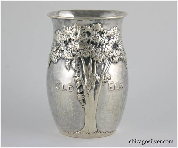 Kalo vase, commemorative, round, cup-form, with elaborate repousse tree and "Old Elm" chased into side