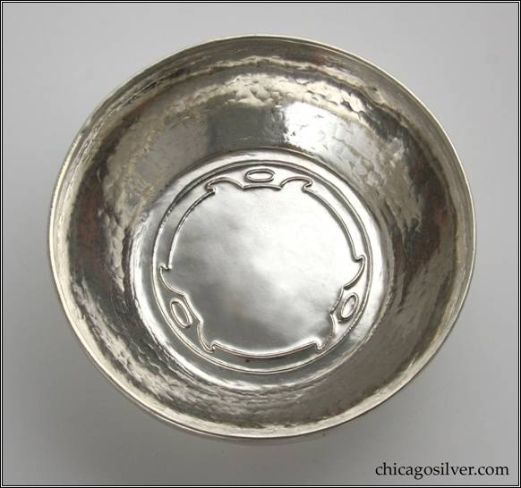 Kalo bowl, early, small with self-foot, flared sides, chased geometric design on bottom, applied wire to rim, hammered surface, engraved Gothic EBM mono on side