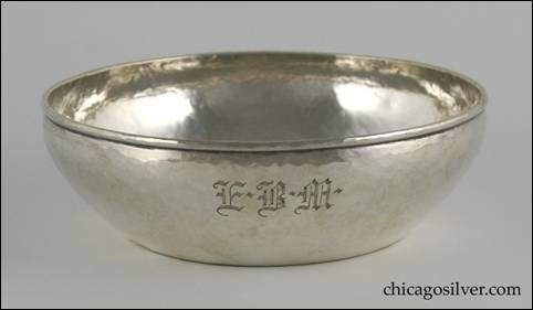 Kalo bowl, early, small with self-foot, flared sides, chased geometric design on bottom, applied wire to rim, hammered surface, engraved Gothic EBM mono on side -- side view