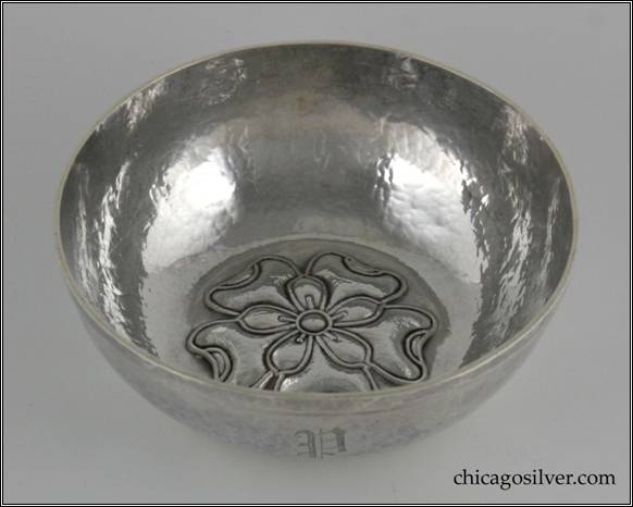 Kalo bowl, early, round, with chased and repoussé figure of overlapping blossoms in flat, slightly domed bottom