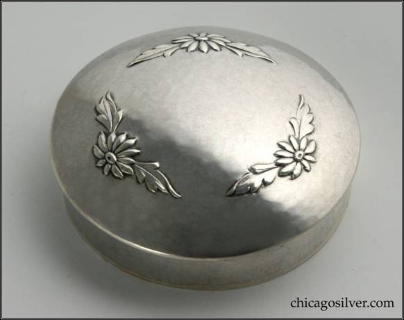 Kalo box, small, hammered surface with domed cover that has chased and repousse floral decorations in circular pattern