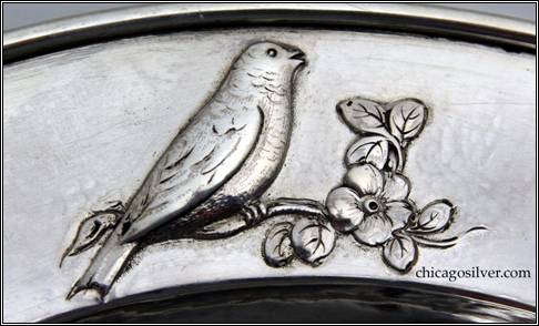 Kalo plate, child's, round, with raised border, repouss design of songbird on branch with flowers, applied wire on rim -- detail